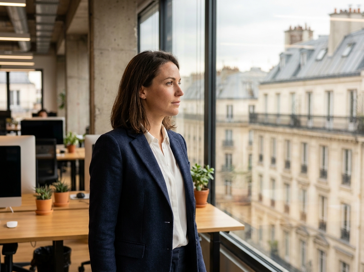 Femme cadre dans un bureau moderne parisien avec vue sur les toits haussmanniens, illustrant le choix d'implantation de bureaux à Paris