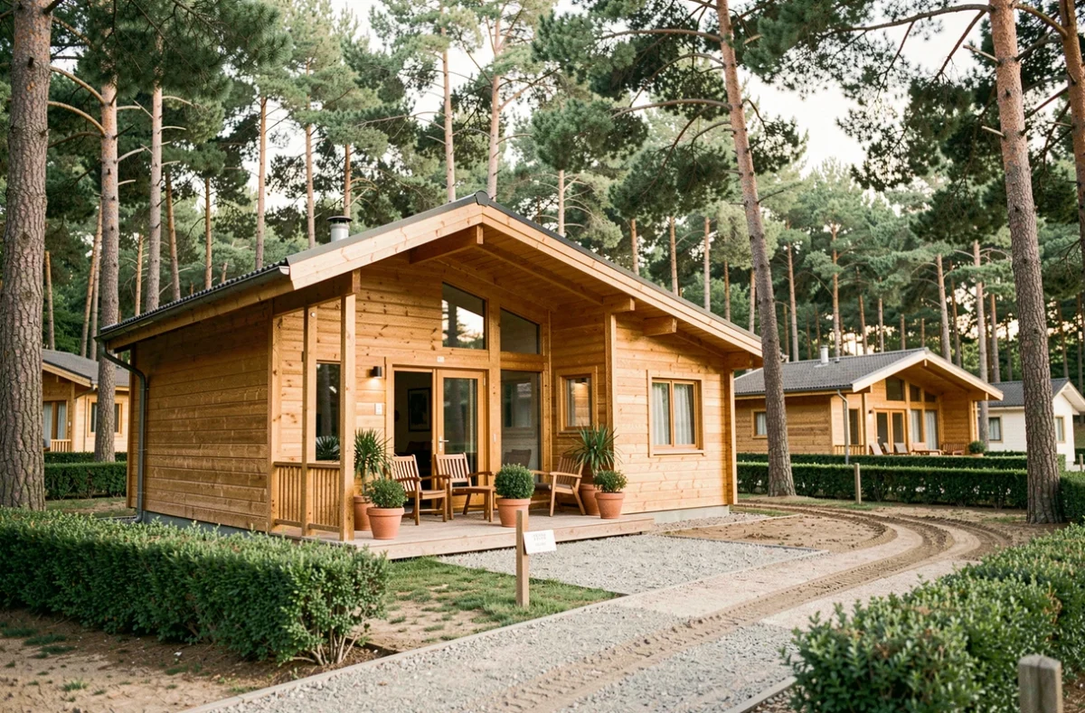 Chalet en bois dans un domaine de camping soigné avec terrasse et allées propres