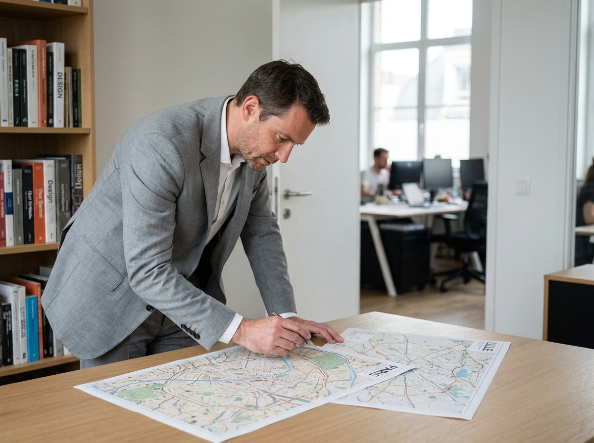 Dirigeant d'entreprise comparant des documents stratégiques sur Paris et Lille pour choisir la ville d'implantation de ses bureaux