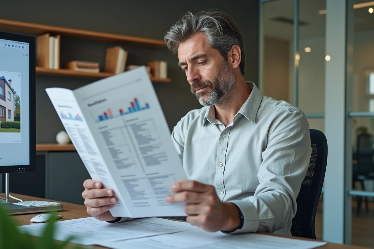 Client homme étudiant un plan immobilier en agence