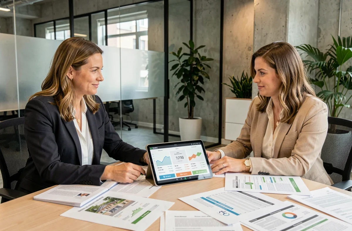 Deux co-investisseuses immobilières comparant les rendements de leur parc locatif sur tablette et documents imprimés en espace de coworking