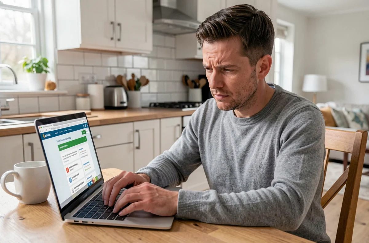 Homme comparant des offres d'assurance habitation en ligne sur un ordinateur portable dans sa cuisine