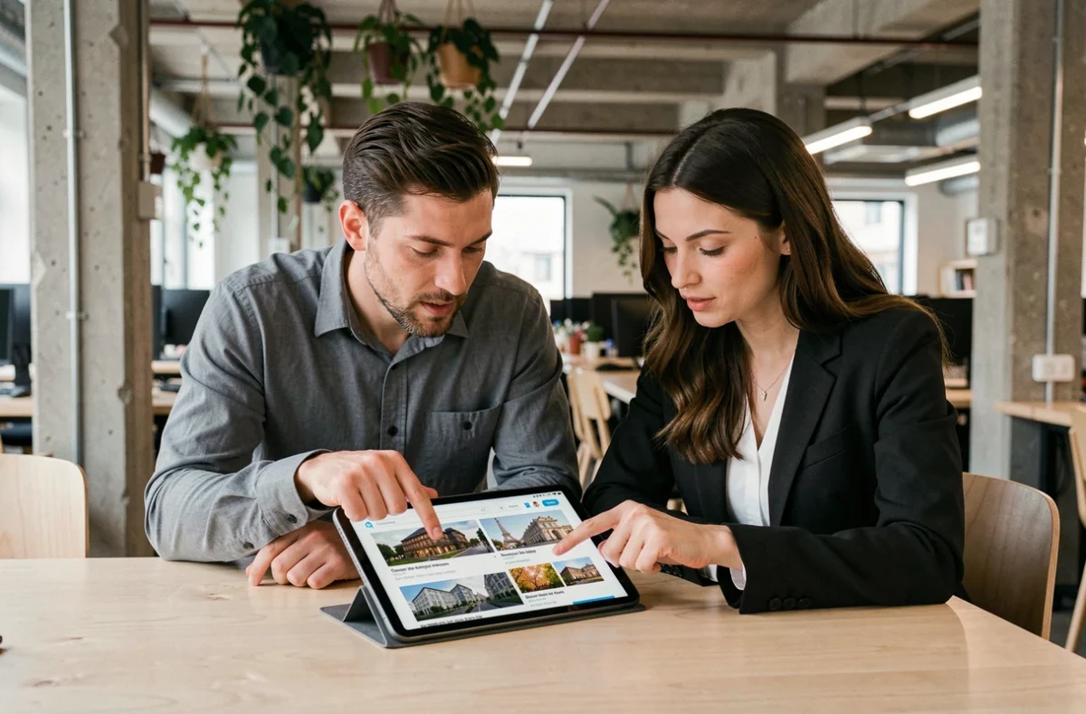 Deux personnes comparant des services en ligne de logement parisiens sur une tablette dans un espace de coworking