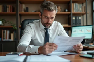Comptable consultant des justificatifs de TVA sur marge pour un marchand de biens, bureau professionnel avec documents immobiliers