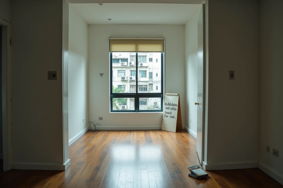 Appartement condo vide à vendre à Bangkok avec vue sur un immeuble voisin et panneau de vente thaïlandais