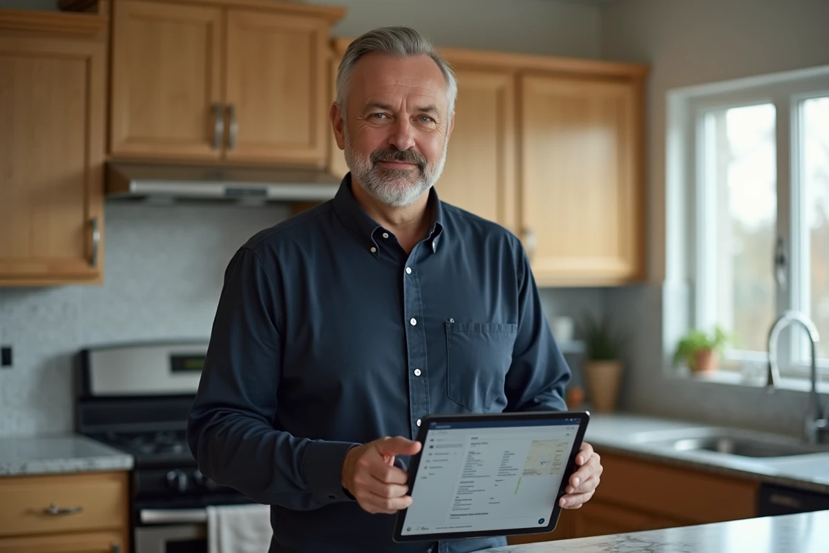Homme consultant les paramètres de son compte locataire MyFoncia sur une tablette dans une cuisine moderne