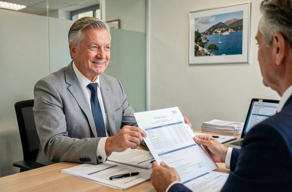 Conseiller en assurance habitation présentant un contrat à un client dans une agence à Ajaccio