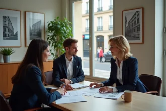 Conseillère immobilière Orpi présentant des documents d'achat à un jeune couple dans une agence parisienne moderne