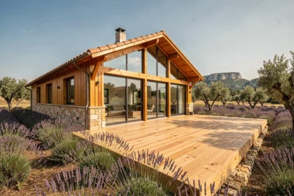 Maison en bois contemporaine dans un paysage provençal avec champs de lavande et collines calcaires en arrière-plan