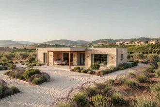 Maison individuelle neuve dans l'Aude avec jardin méditerranéen et collines viticoles en arrière-plan
