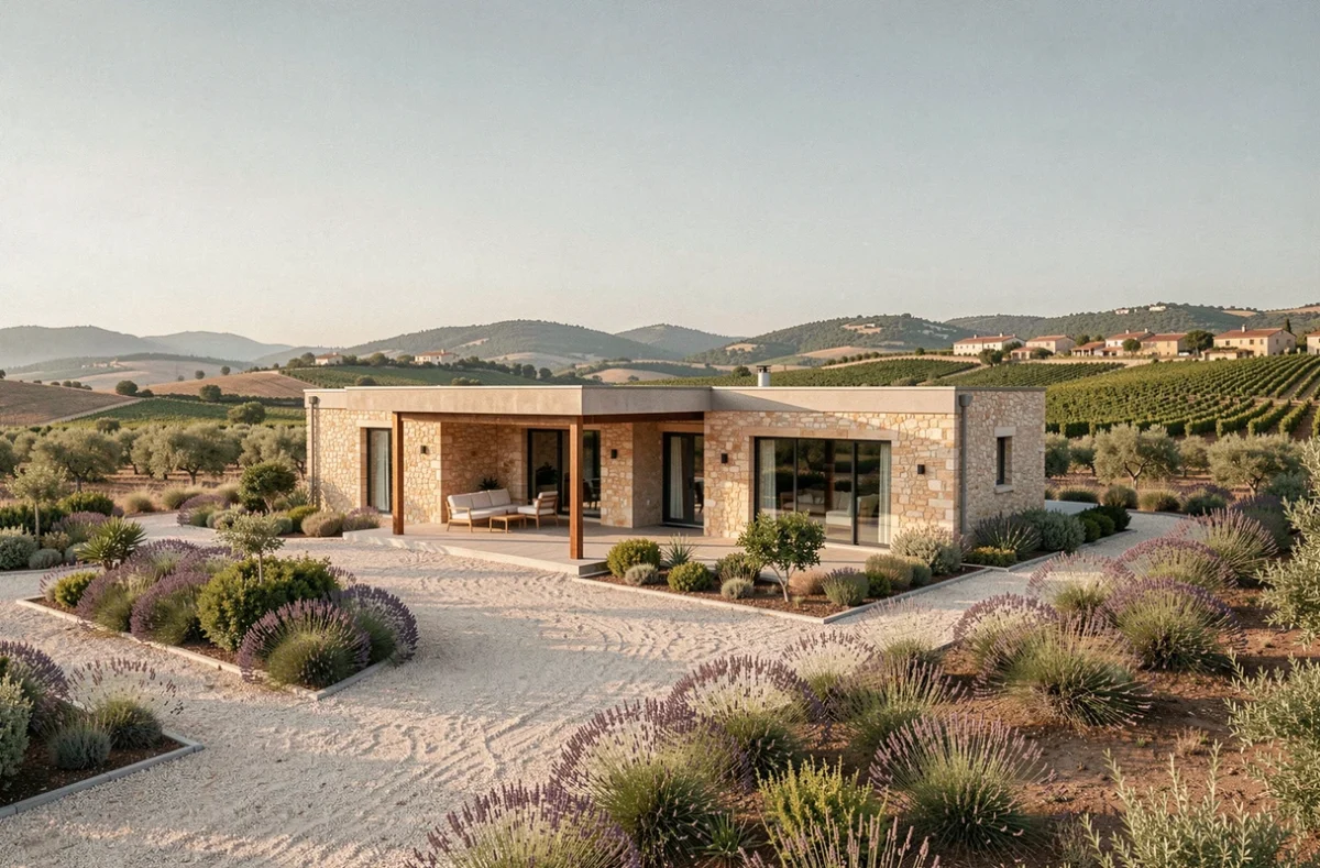 Maison individuelle neuve dans l'Aude avec jardin méditerranéen et collines viticoles en arrière-plan
