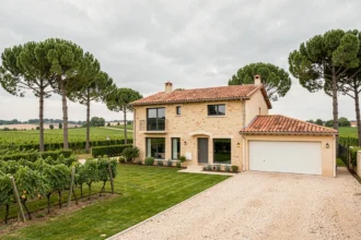 Maison individuelle moderne construite en Gironde avec vue sur vignobles et forêt de pins