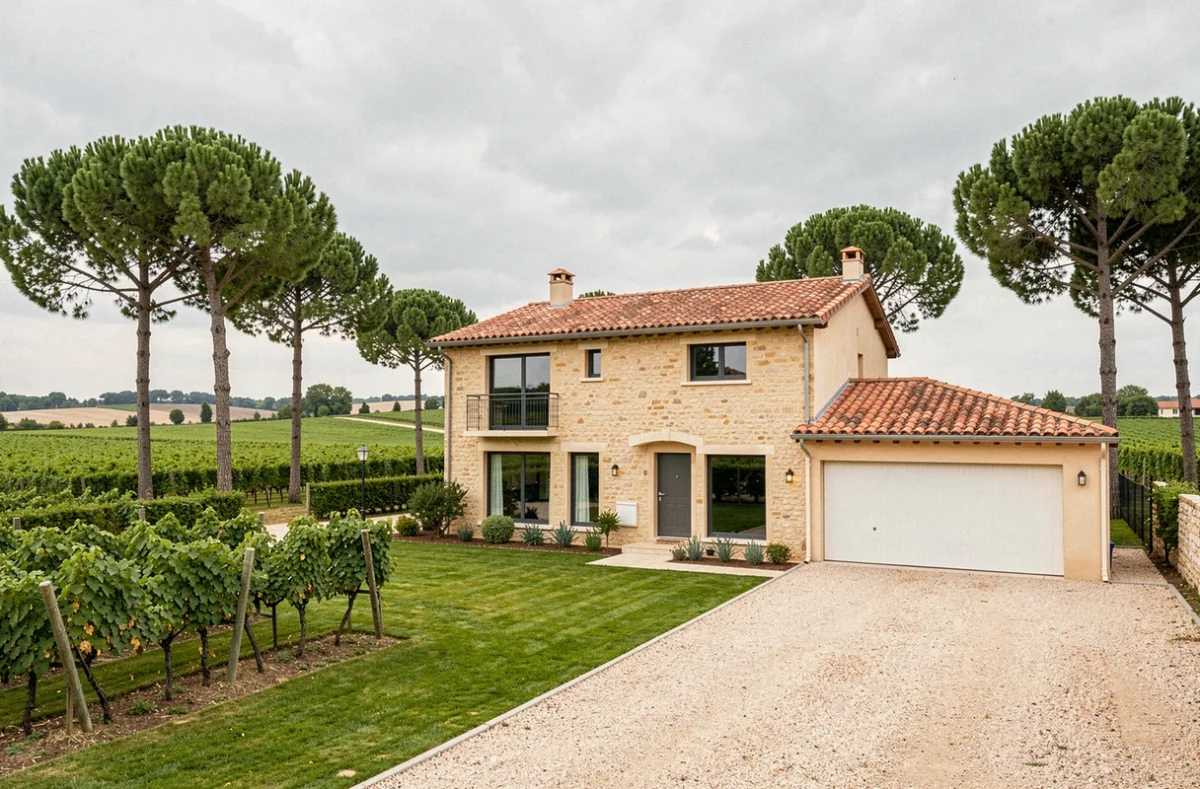 Maison individuelle moderne construite en Gironde avec vue sur vignobles et forêt de pins
