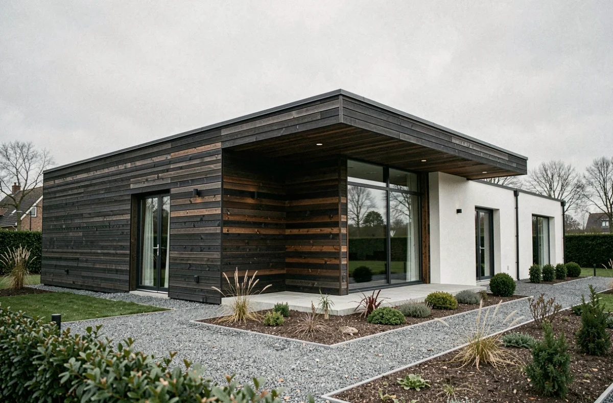 Maison architecturale horizontale avec bardage sombre et grandes fenêtres construite par Construction Horizontale en Gironde