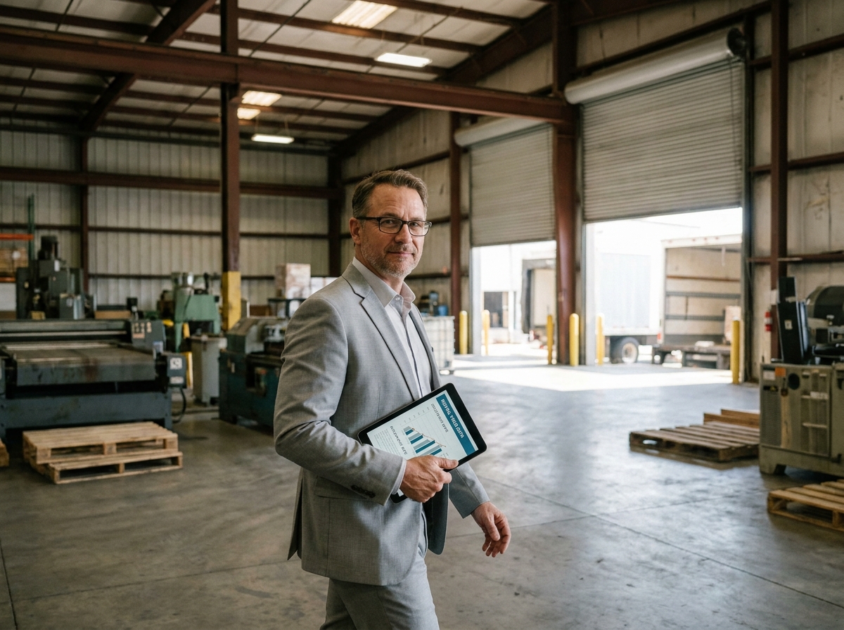 Consultant en gestion locative inspectant un actif industriel et commercial avec une tablette numérique