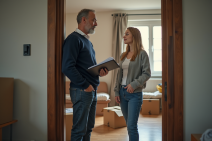 Homme et femme discutant à l'entrée d'un appartement