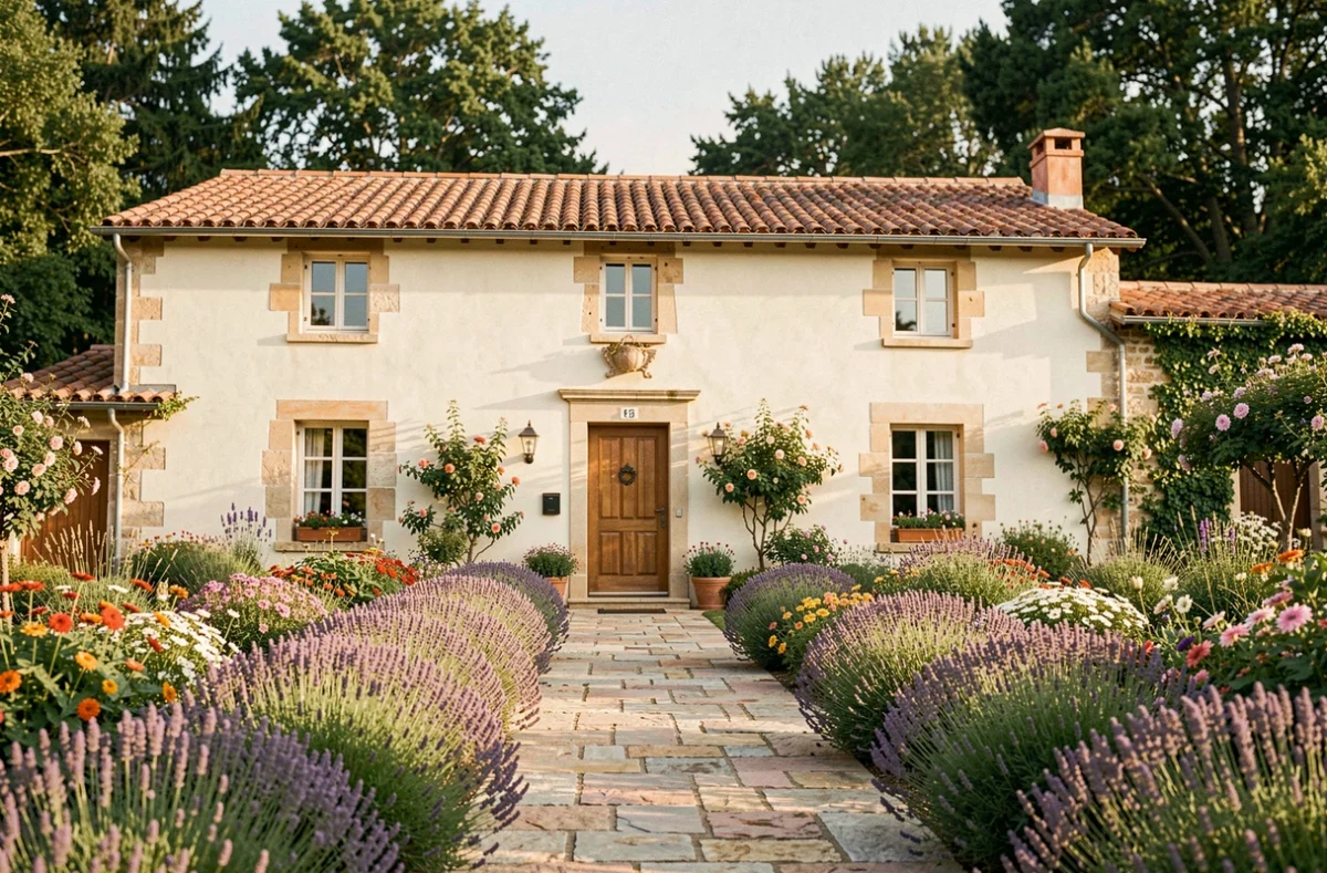 Villa de style provençal construite par Couleur Villas en Gironde avec jardin fleuri et tuiles en terre cuite
