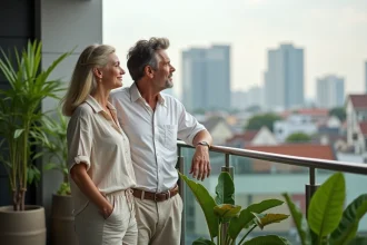 Couple français détendu sur balcon avec vue sur Bangkok