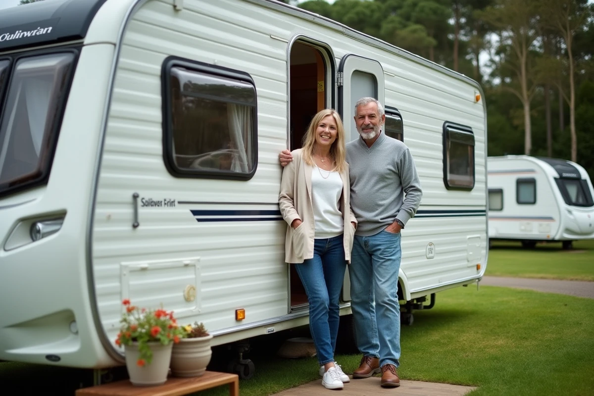 Couple vivant à l'année dans une caravane sur un terrain aménagé avec pelouse et terrasse en bois