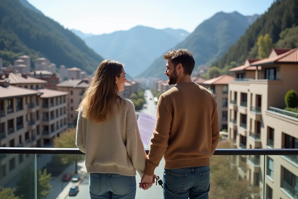 Couple tenant les clés de leur nouvel appartement acheté en Andorre avec vue sur la ville