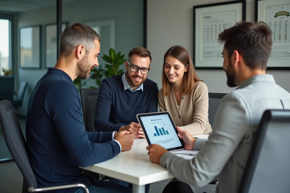 Couple en rendez-vous avec un conseiller bancaire pour une simulation de prêt immobilier