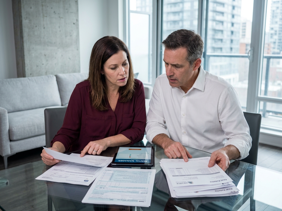 Couple examinant ensemble leurs documents fiscaux et leurs revenus locatifs à leur table de salle à manger