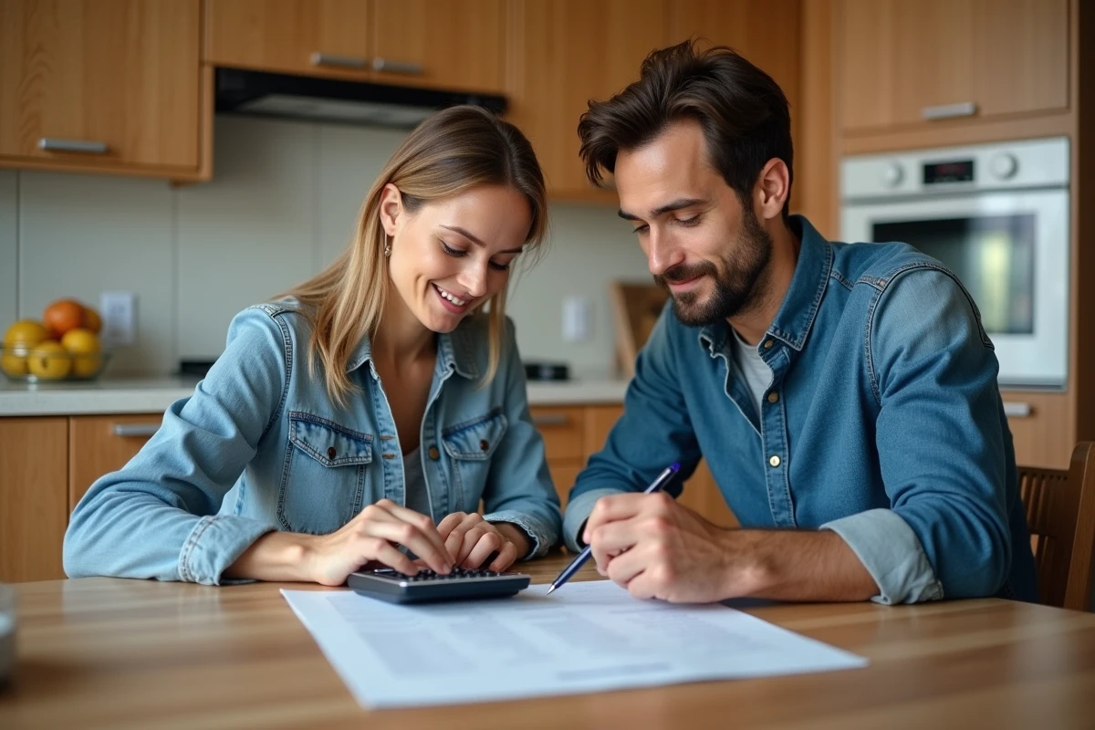 Couple étudiant ensemble une offre de prêt immobilier à la maison