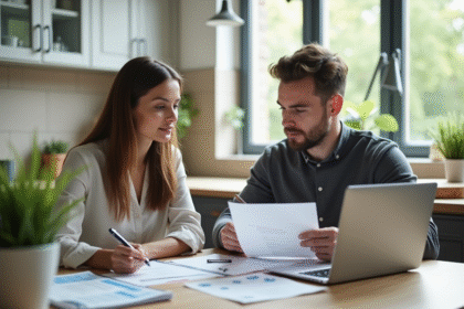 Jeune couple professionnel analysant des documents financiers