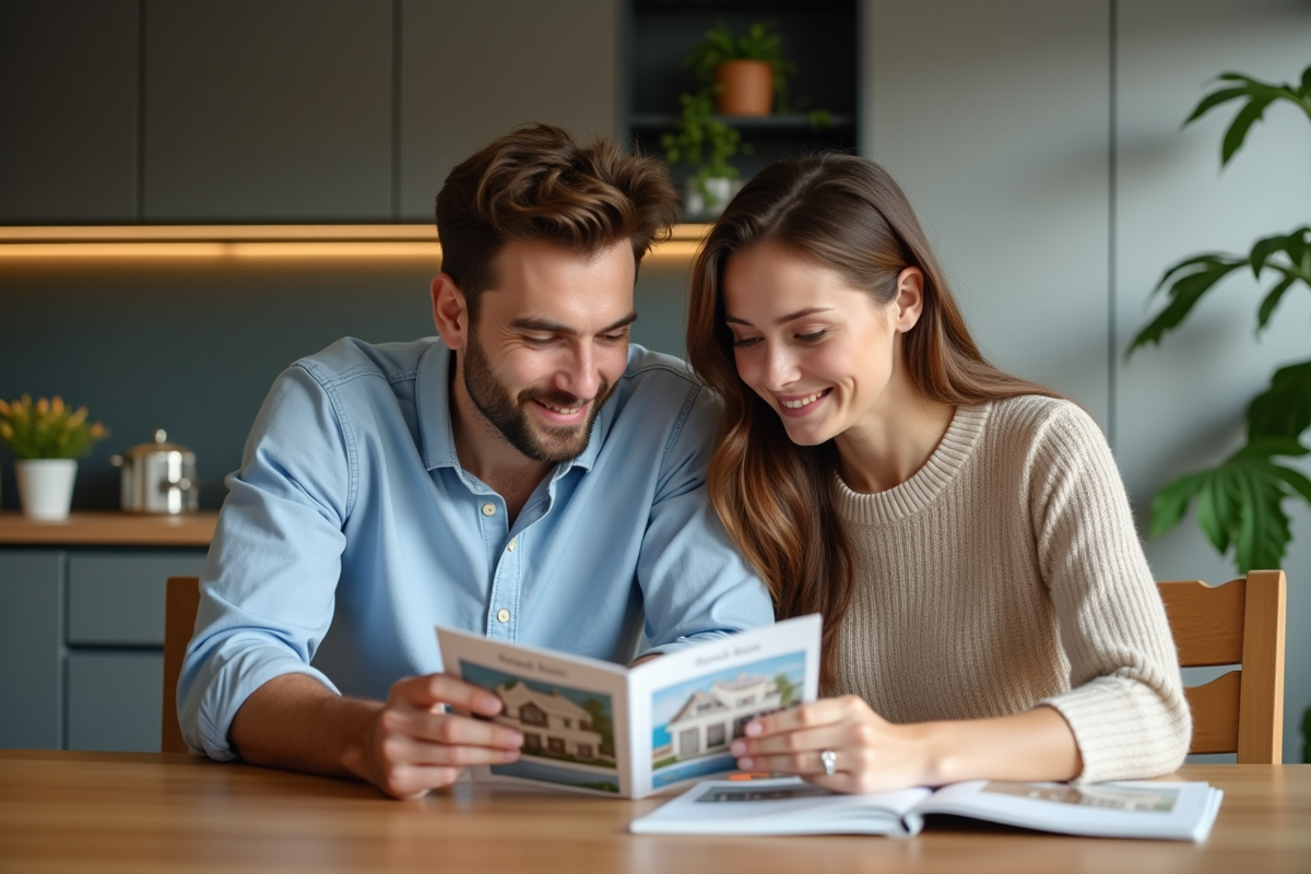 Jeune couple regardant brochure immobiliere dans cuisine moderne