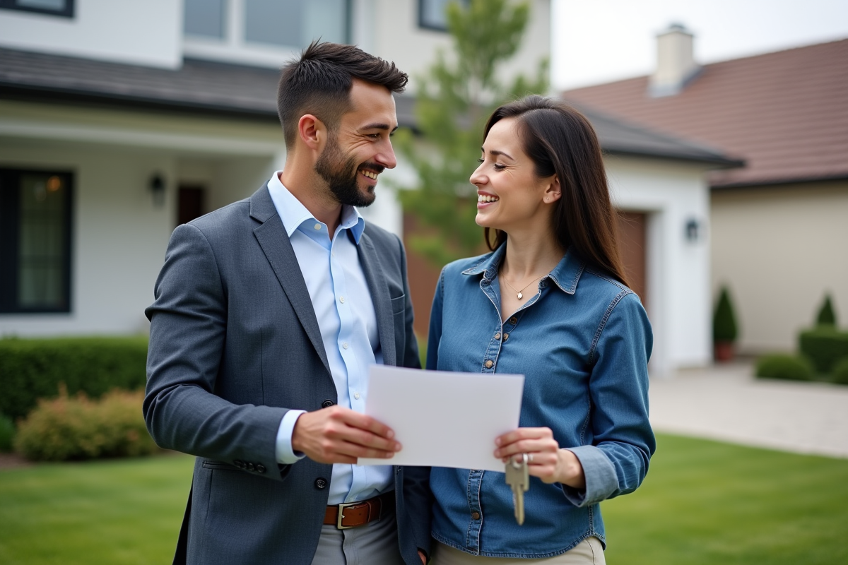 Couple discutant devant leur maison avec des clés en main