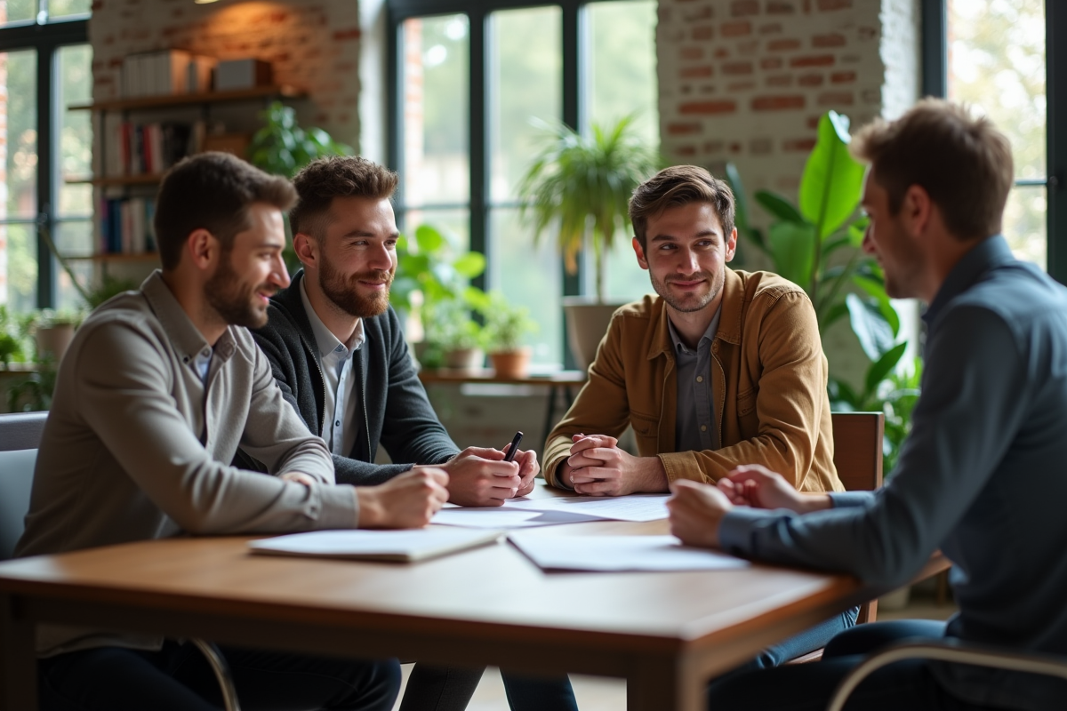 Jeune couple discutant avec un agent immobilier dans un bureau