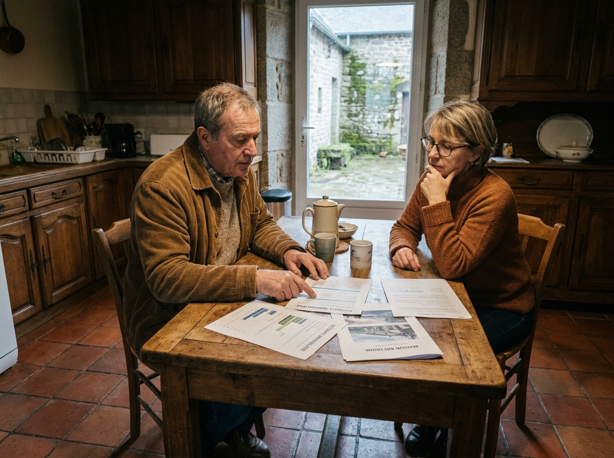 Couple discutant des démarches de mise en vente de leur maison brestoise autour d'un estimatif immobilier