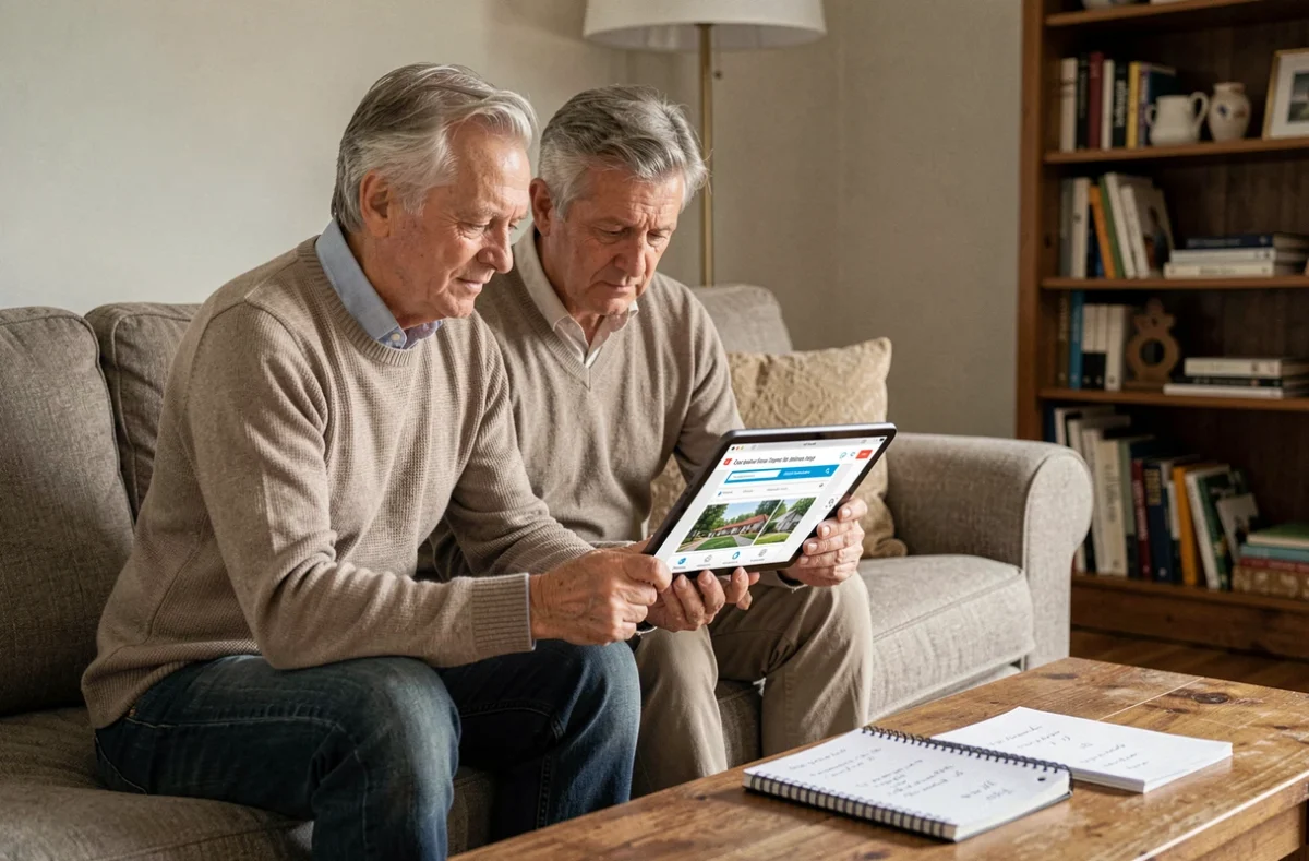 Couple de propriétaires consultant un outil d'estimation immobilière en ligne sur tablette numérique dans leur salon