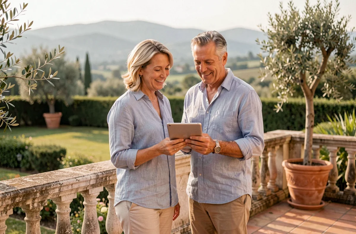 Couple de propriétaires sur la terrasse de leur villa de luxe consultant une offre d'assurance habitation premium
