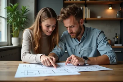 Couple examinant des documents de prêt à taux zéro pour une stratégie de revente immobilière