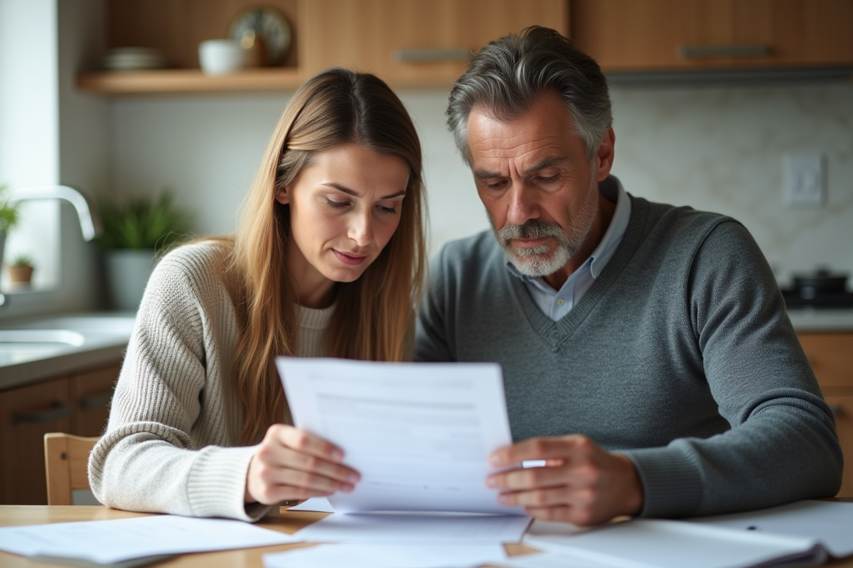 Couple d'adultes révisant des documents d'assurance dans une cuisine lumineuse