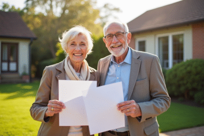 Couple âgé souriant tenant documents immobiliers devant leur maison