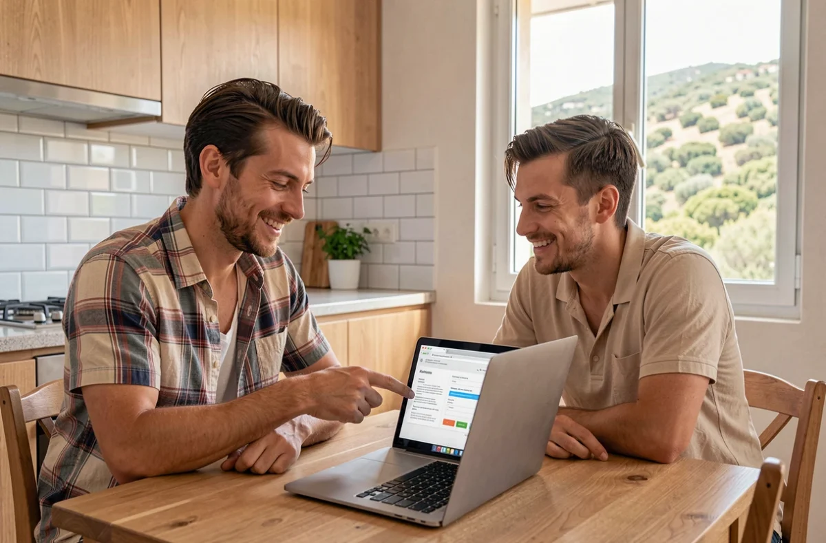 Couple souscrivant une assurance habitation en ligne dans un appartement à Ajaccio