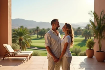 Couple souriant sur terrasse avec vue golf Marrakech