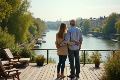 Couple souriant sur la terrasse avec vue sur la Seine