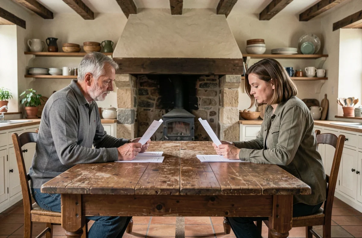 Couple discutant de la vente de leur maison normande dans le Calvados lors d'une procédure de divorce