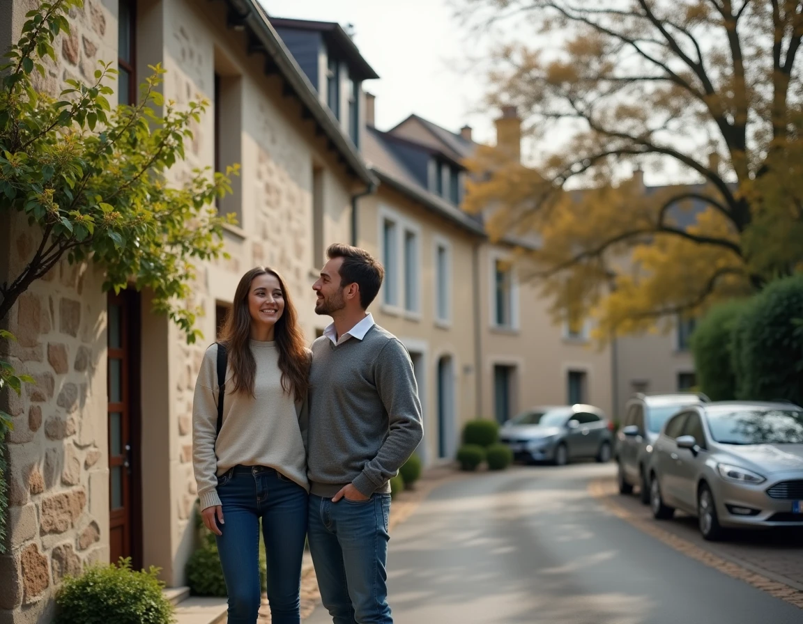 Un couple examine une maison modeste en viager libre depuis la rue dans une ville de province française