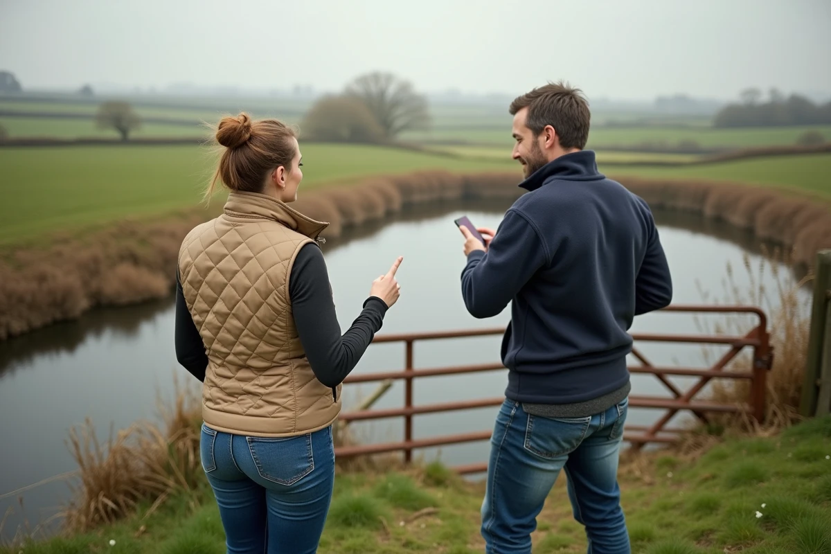 Couple évaluant un étang à vendre en milieu rural, recherche de bonnes affaires immobilières à la campagne