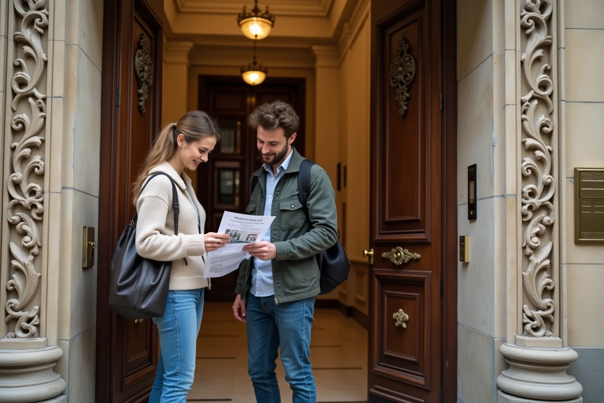 Couple visitant l'entrée d'un immeuble haussmannien parisien lors d'une recherche d'appartement avec Orpi Invest Immo