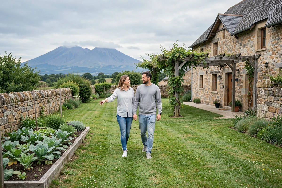 Couple visitant le jardin d'une maison à louer en milieu rural dans le département 43