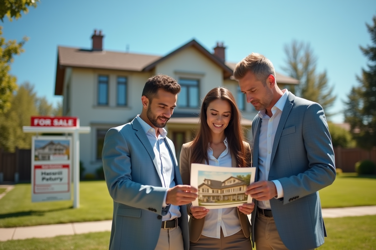 Couple examinant une brochure devant une maison en vente aux enchères