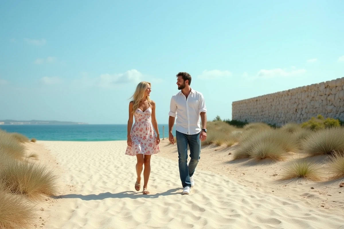 Couple visitant un terrain constructible en bord de mer pour un projet immobilier