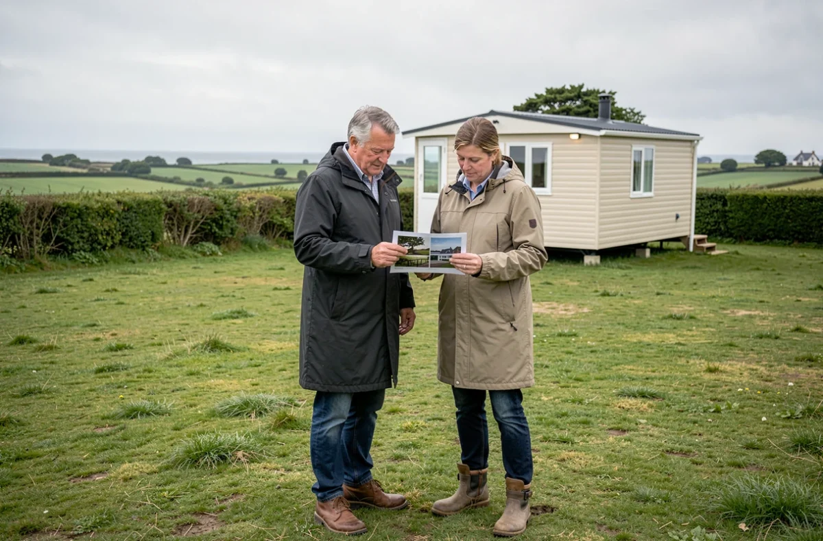Couple visitant une parcelle de terrain avec mobil home en Bretagne lors d'une transaction immobilière
