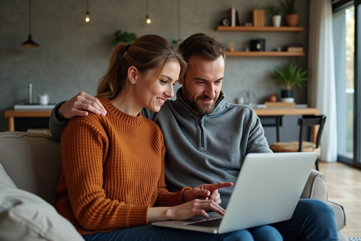 Couple consultant une visite virtuelle immobilière 360 sur un ordinateur portable à domicile