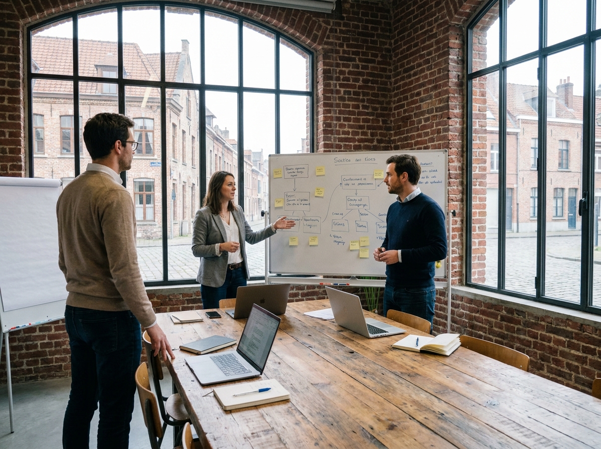 Équipe de professionnels en réunion dans un espace de coworking rénové à Lille avec architecture flamande visible en arrière-plan